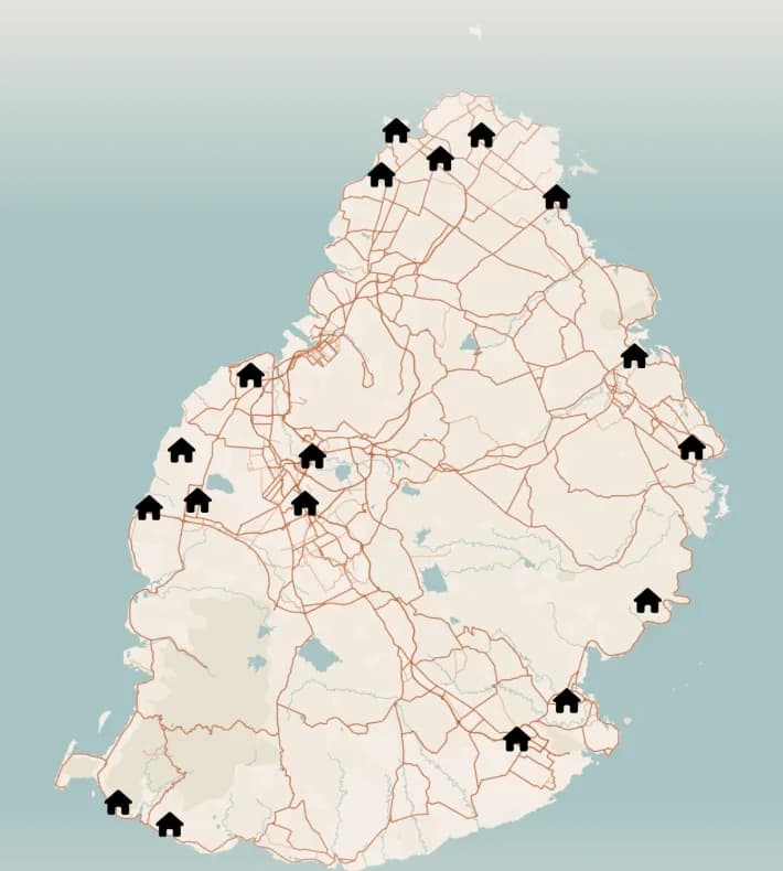Map of Mauritius marking the areas across the island where Bellavere looks after properties